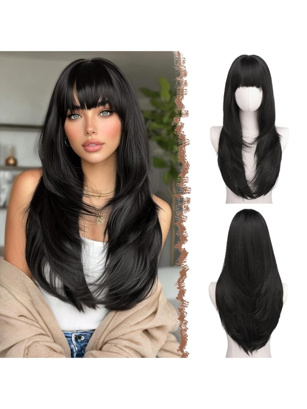 24 Inch Women's Natural Black Long Straight Sleek Layered Party Wig with Bangs